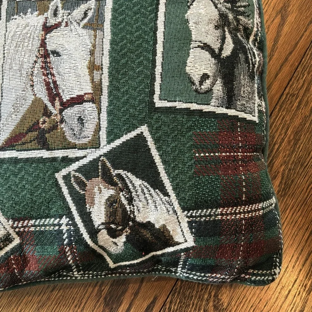 VTG Horses Tapestry Throw Pillow‎ Collage Green Tartan Plaid Equestrian 16